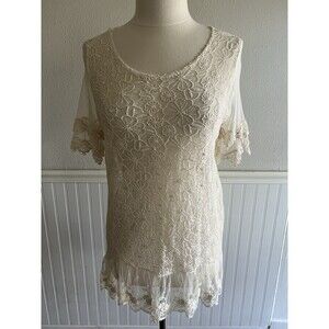 Lady Noiz Vintage High Low Tunic Stretch Lace Scalloped Hem Floral Shabby Chic M